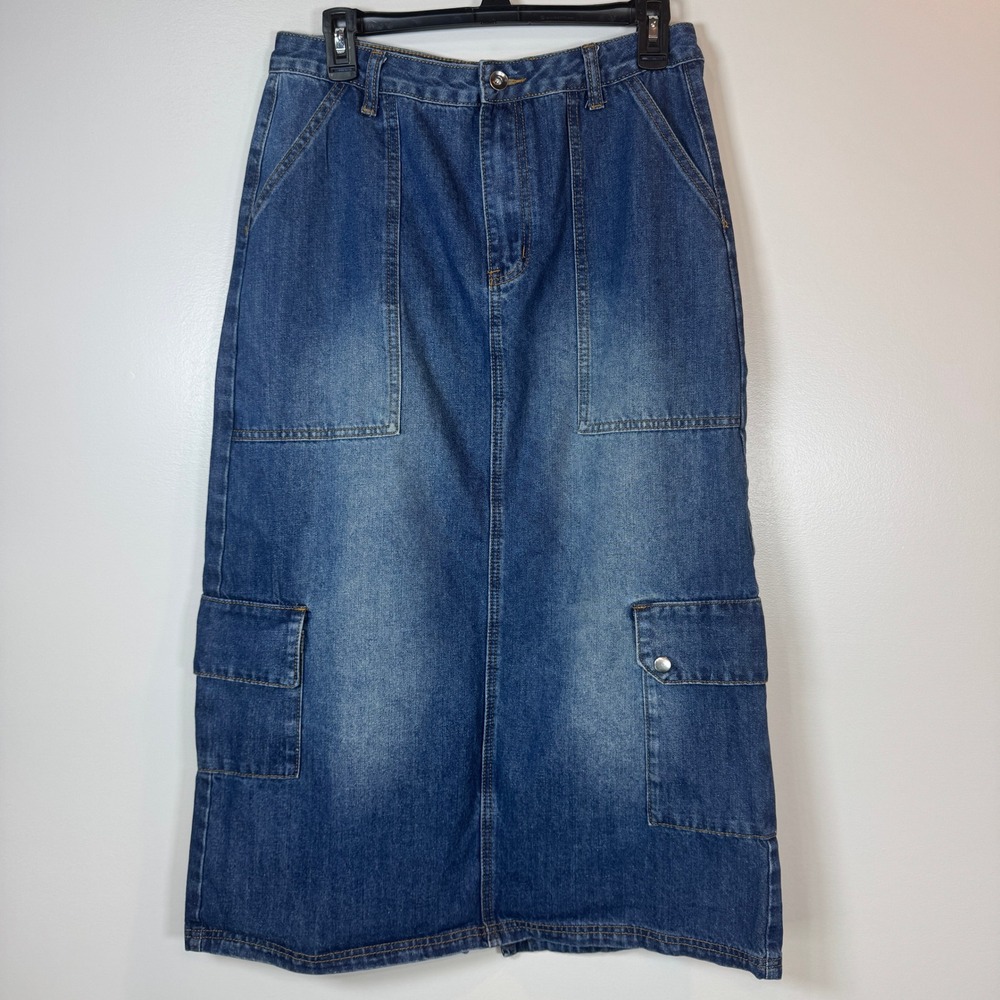 Social Collision Denim Cargo Midi Skirt Y2K Grunge Utility Jean Skirt Womens Med